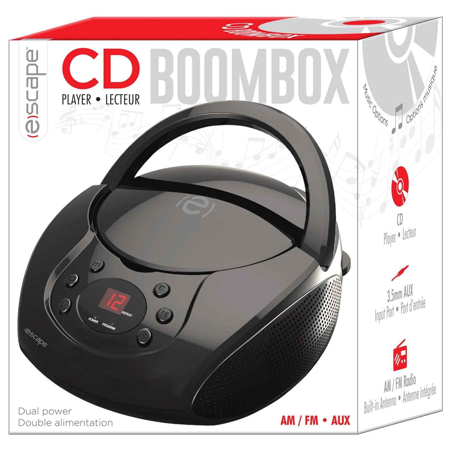 Escape Lecteur CD Portable Boombox Stéréo avec Radio AM/FM et Entrée AUX, Noir - Simple Boutique