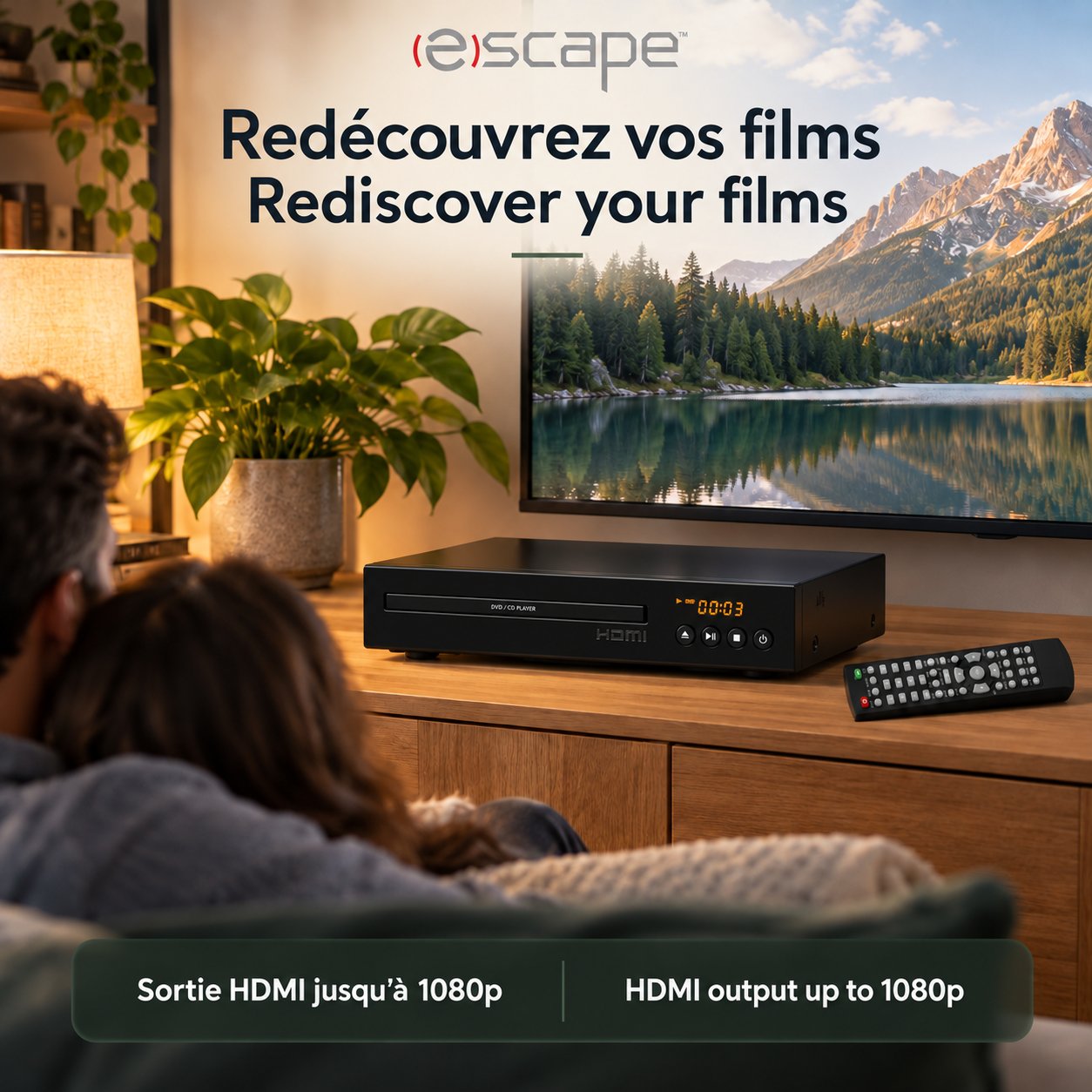 Escape Lecteur DVD HDMI 1080p avec Télécommande, Sorties Composantes et AV, Noir - Simple Boutique
