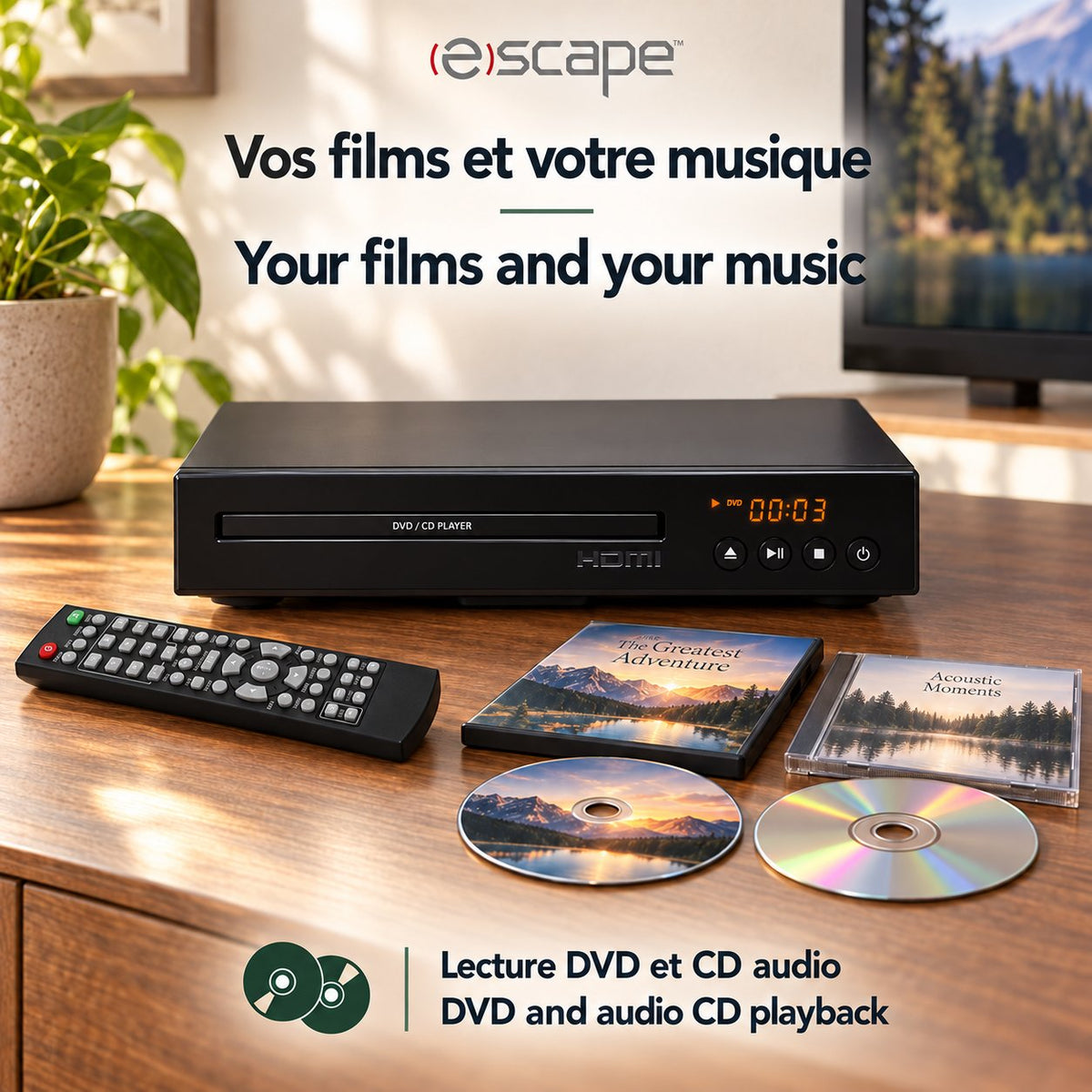 Escape Lecteur DVD HDMI 1080p avec Télécommande, Sorties Composantes et AV, Noir - Simple Boutique