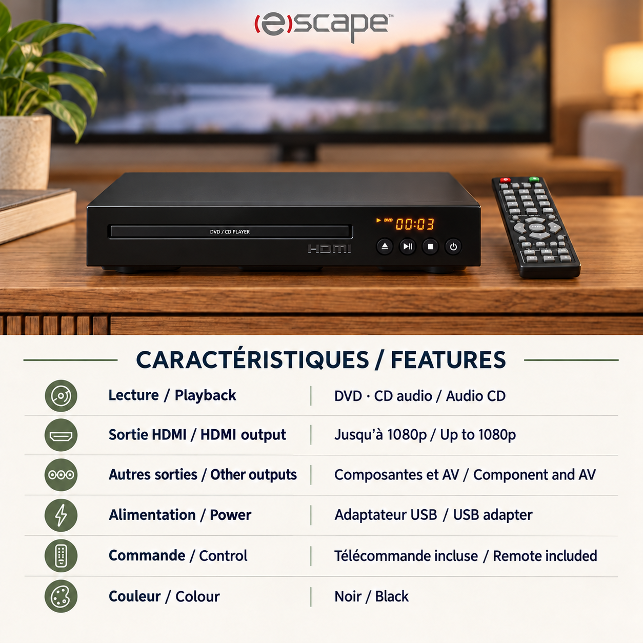 Escape Lecteur DVD HDMI 1080p avec Télécommande, Sorties Composantes et AV, Noir - Simple Boutique