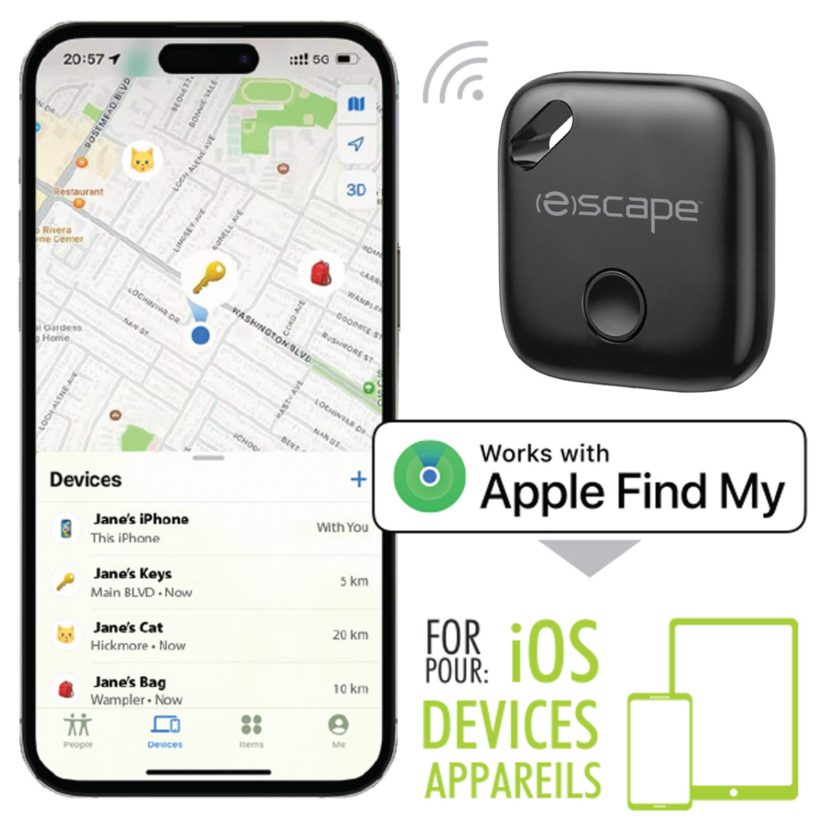 Escape Localisateur d'Objets Rechargeable pour iPhone, Fonctionne avec Localiser d'Apple, Noir - Simple Boutique