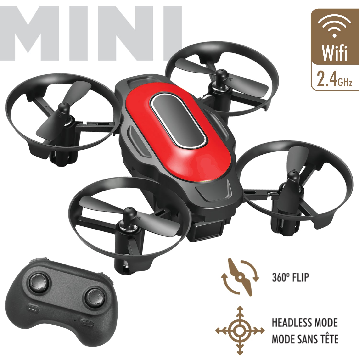 Escape Mini Drone Quadricoptère avec Télécommande et Protège-Hélices, Rouge et Noir - Simple Boutique