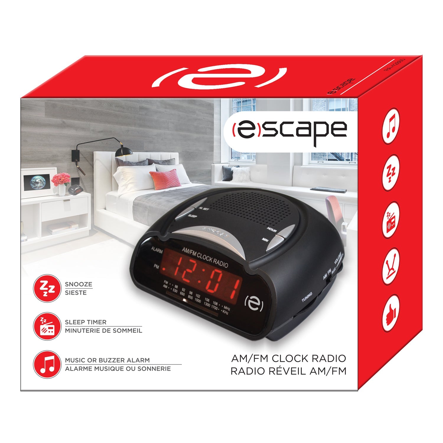 Escape - Radio Réveil AM/FM, Touche Snooze, Alarme Musique ou Sonnerie, Noir - Simple Boutique