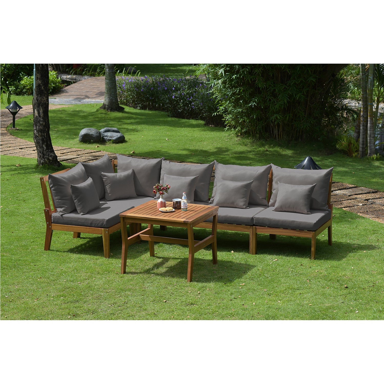 F. Corriveau International - Ensemble 5 Morceaux Sectionnel et Table Extérieur Napoli, En Bois d'acacia, Gris - Simple Boutique