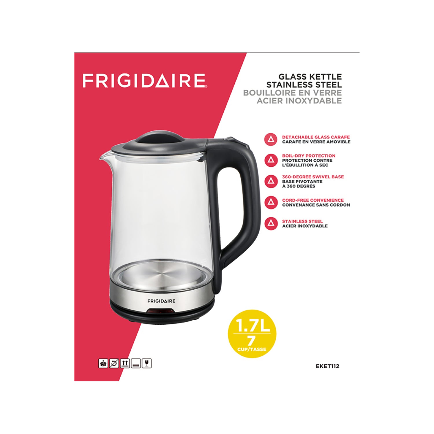Frigidaire - Bouilloire en Verre Sans Cordon, Capacité de 1.7 Litre, Acier Inoxydable - Simple Boutique