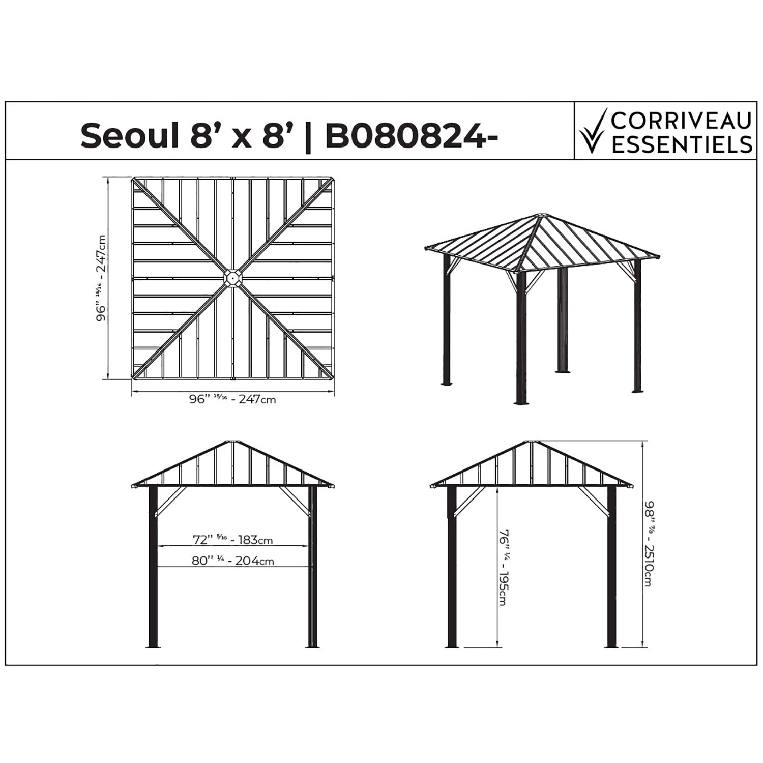 Gazebo Seoul 8'x8' avec toit en Acier Galvanisé - Simple Boutique