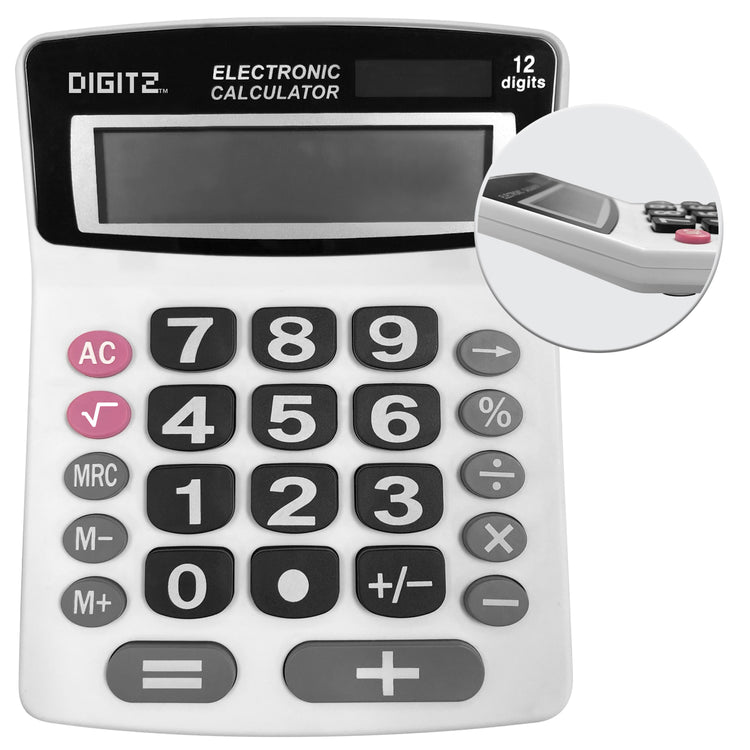 HRS Global Calculatrice de Bureau Jumbo à Grandes Touches, Afficheur 12 Chiffres, Double Alimentation, Blanc - Simple Boutique