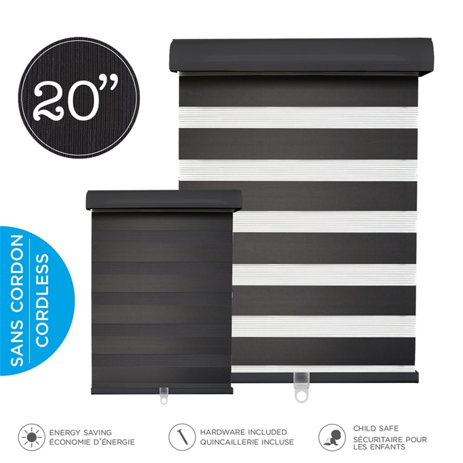 Hauz 2084BLKCD - Store de Fenêtre à Toile Alternée 20'' X 84'', Sans Cordon, Noir - Simple Boutique