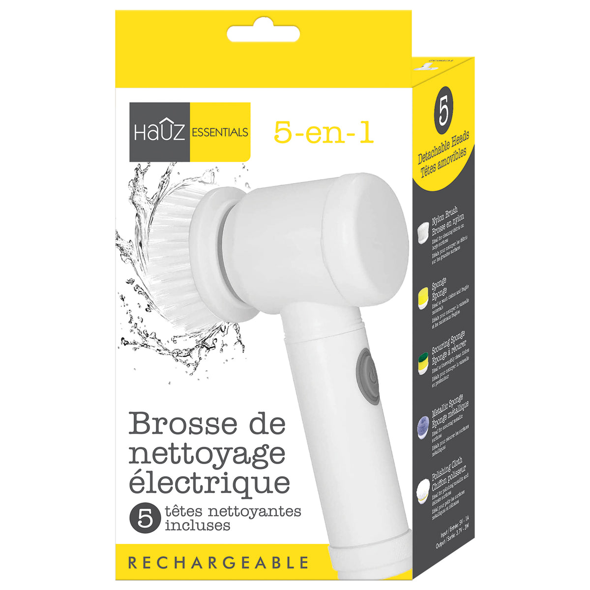 Hauz Brosse de nettoyage électrique rechargeable 5 en 1 avec têtes, blanche - Simple Boutique