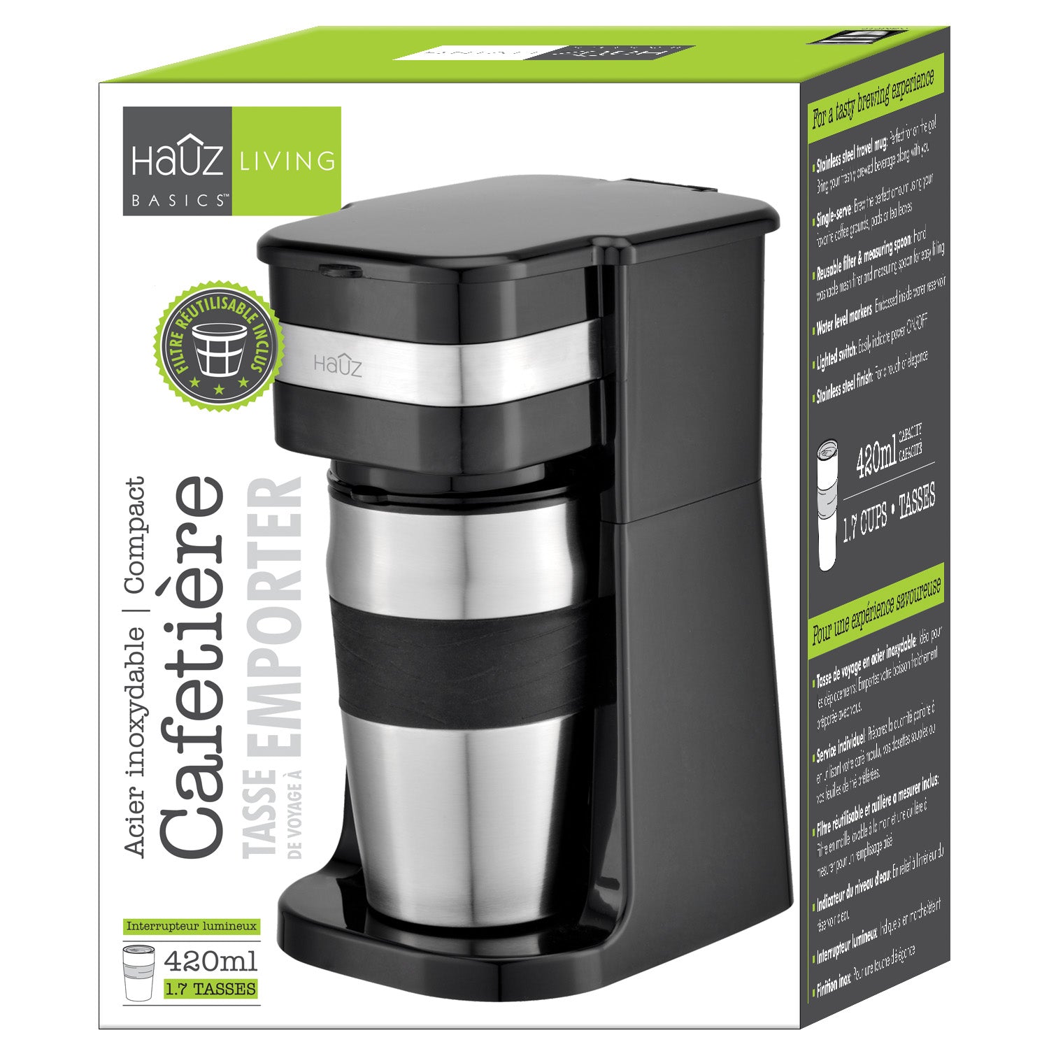 Hauz Cafetière Une Tasse avec Tasse de Voyage en Acier Inoxydable 420 ml, Noir - Simple Boutique