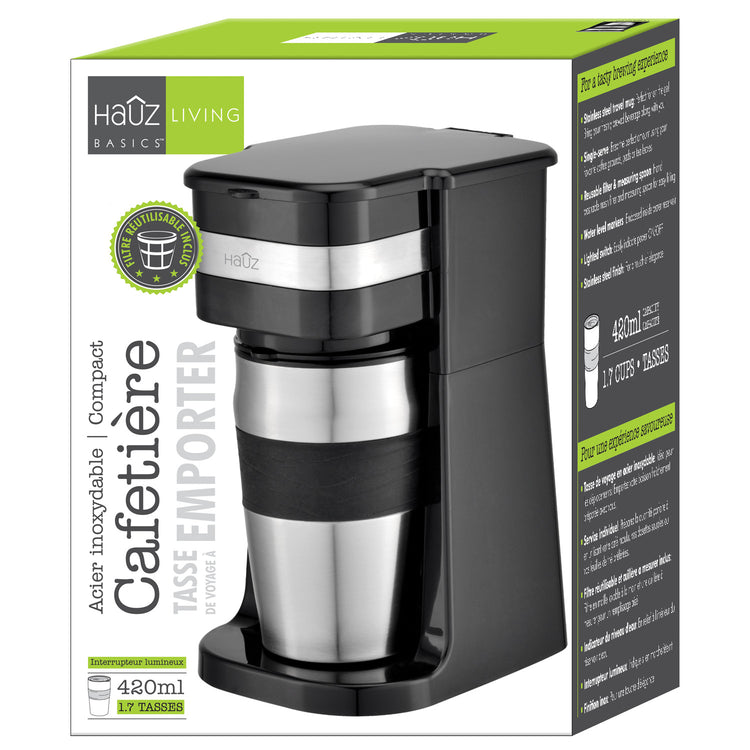 Hauz Cafetière Une Tasse avec Tasse de Voyage en Acier Inoxydable 420 ml, Noir - Simple Boutique