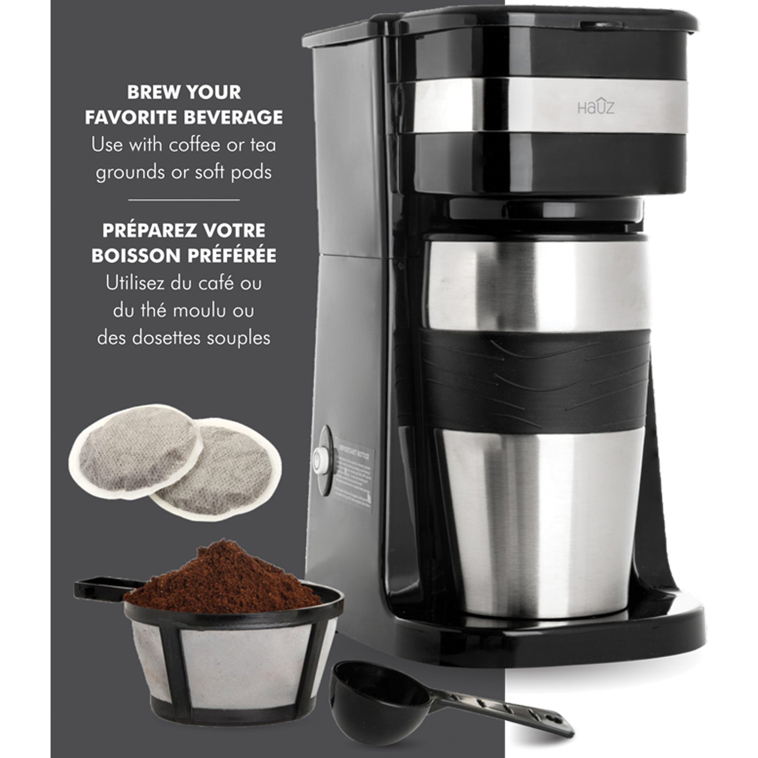 Hauz Cafetière Une Tasse avec Tasse de Voyage en Acier Inoxydable 420 ml, Noir - Simple Boutique