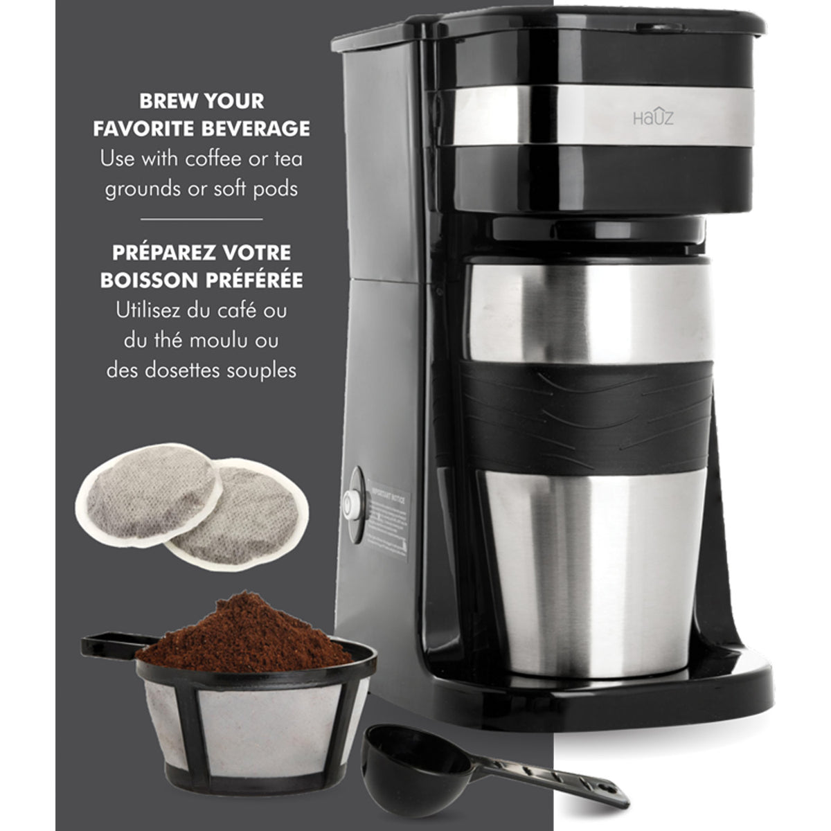 Hauz Cafetière Une Tasse avec Tasse de Voyage en Acier Inoxydable 420 ml, Noir - Simple Boutique