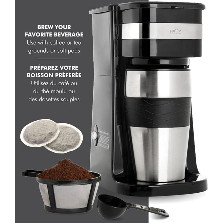 Hauz Cafetière Une Tasse avec Tasse de Voyage en Acier Inoxydable 420 ml, Noir - Simple Boutique
