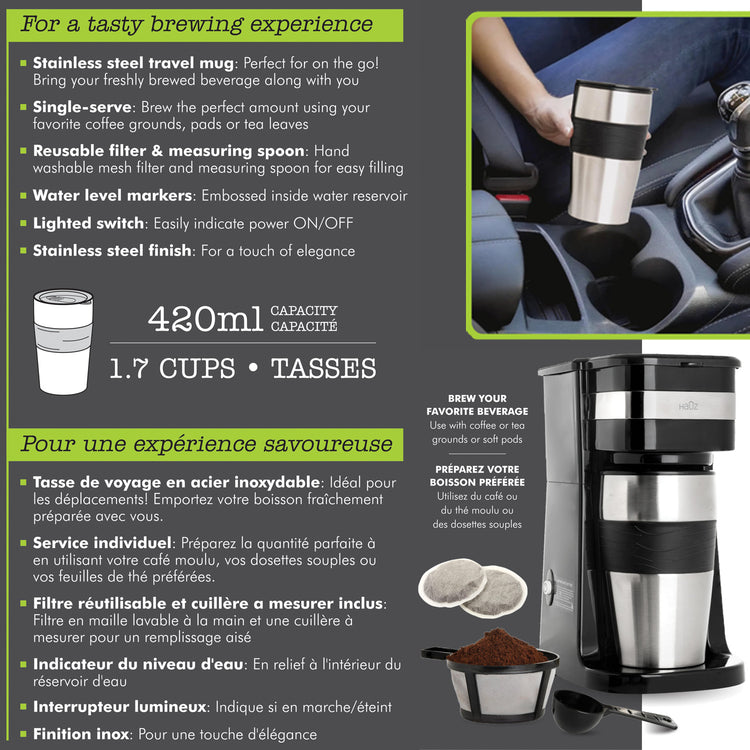 Hauz Cafetière Une Tasse avec Tasse de Voyage en Acier Inoxydable 420 ml, Noir - Simple Boutique