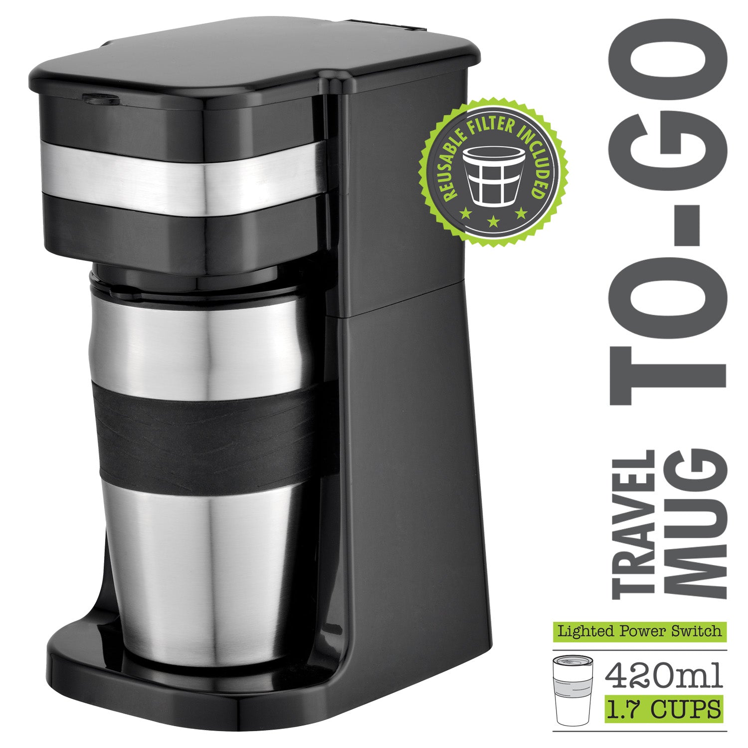 Hauz Cafetière Une Tasse avec Tasse de Voyage en Acier Inoxydable 420 ml, Noir - Simple Boutique