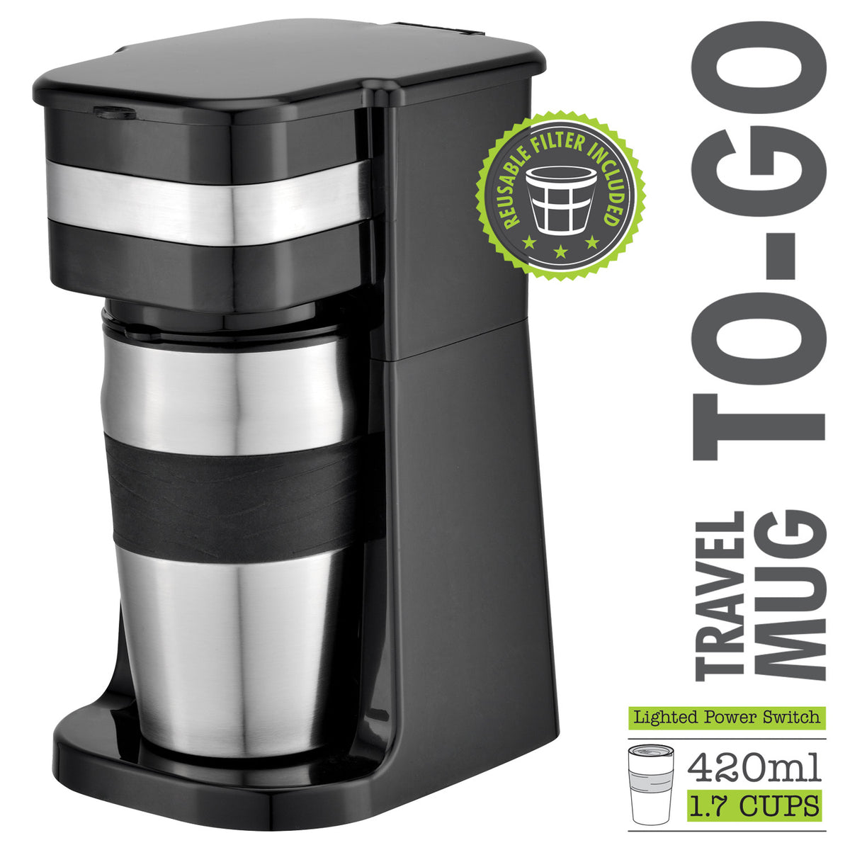 Hauz Cafetière Une Tasse avec Tasse de Voyage en Acier Inoxydable 420 ml, Noir - Simple Boutique