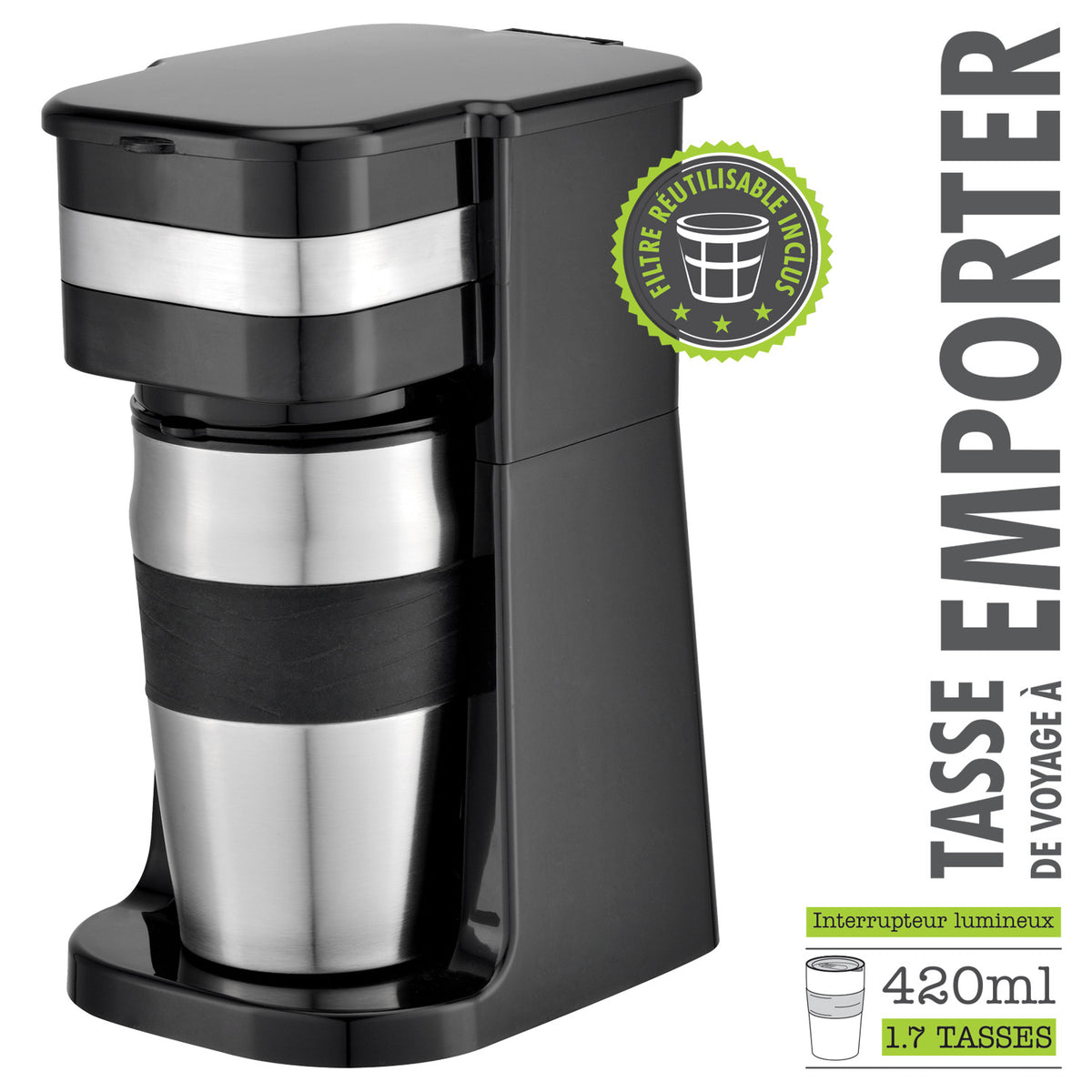 Hauz Cafetière Une Tasse avec Tasse de Voyage en Acier Inoxydable 420 ml, Noir - Simple Boutique