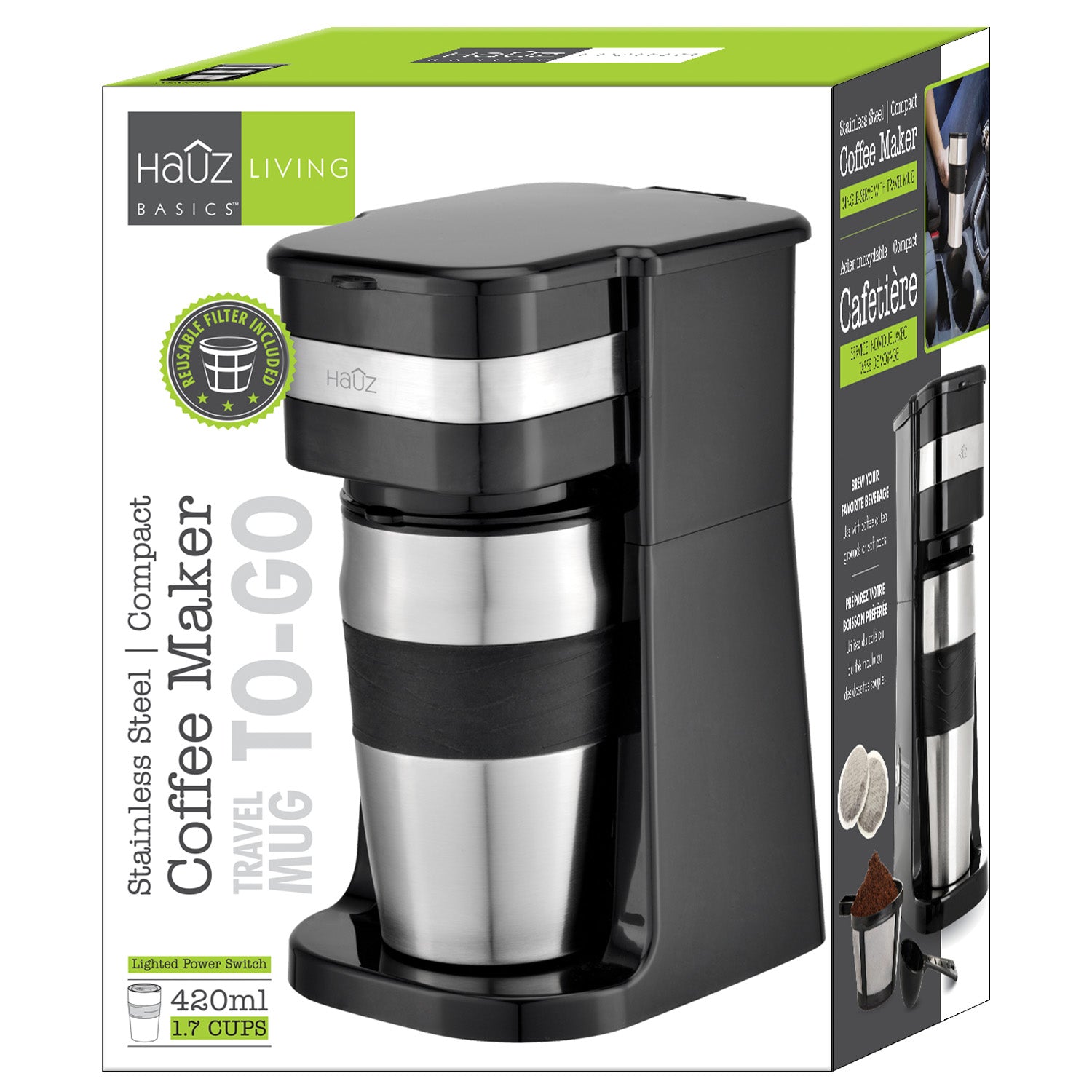 Hauz Cafetière Une Tasse avec Tasse de Voyage en Acier Inoxydable 420 ml, Noir - Simple Boutique