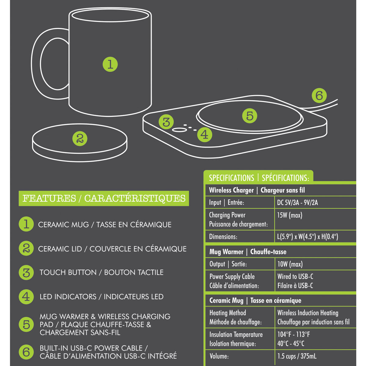 Hauz Chauffe-Tasse avec Chargeur Sans Fil 15 W et Tasse en Céramique, Blanc - Simple Boutique