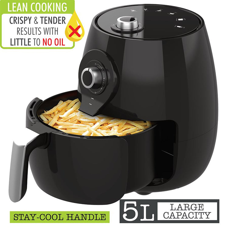 Hauz - Friteuse à Air, Capacité de 5 Litres, 6 Guides de Cuisson, Noir - Simple Boutique