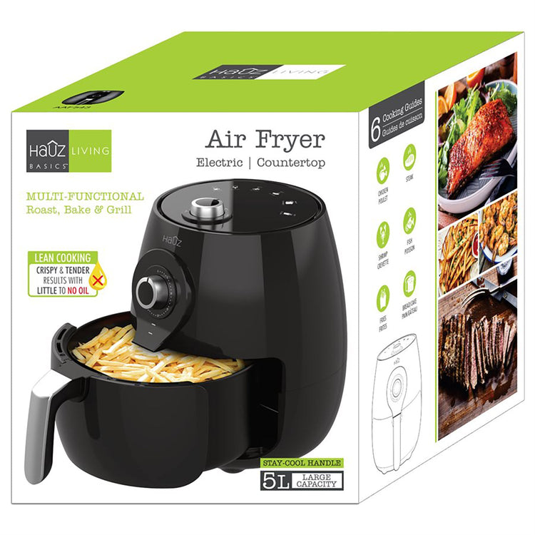 Hauz - Friteuse à Air, Capacité de 5 Litres, 6 Guides de Cuisson, Noir - Simple Boutique