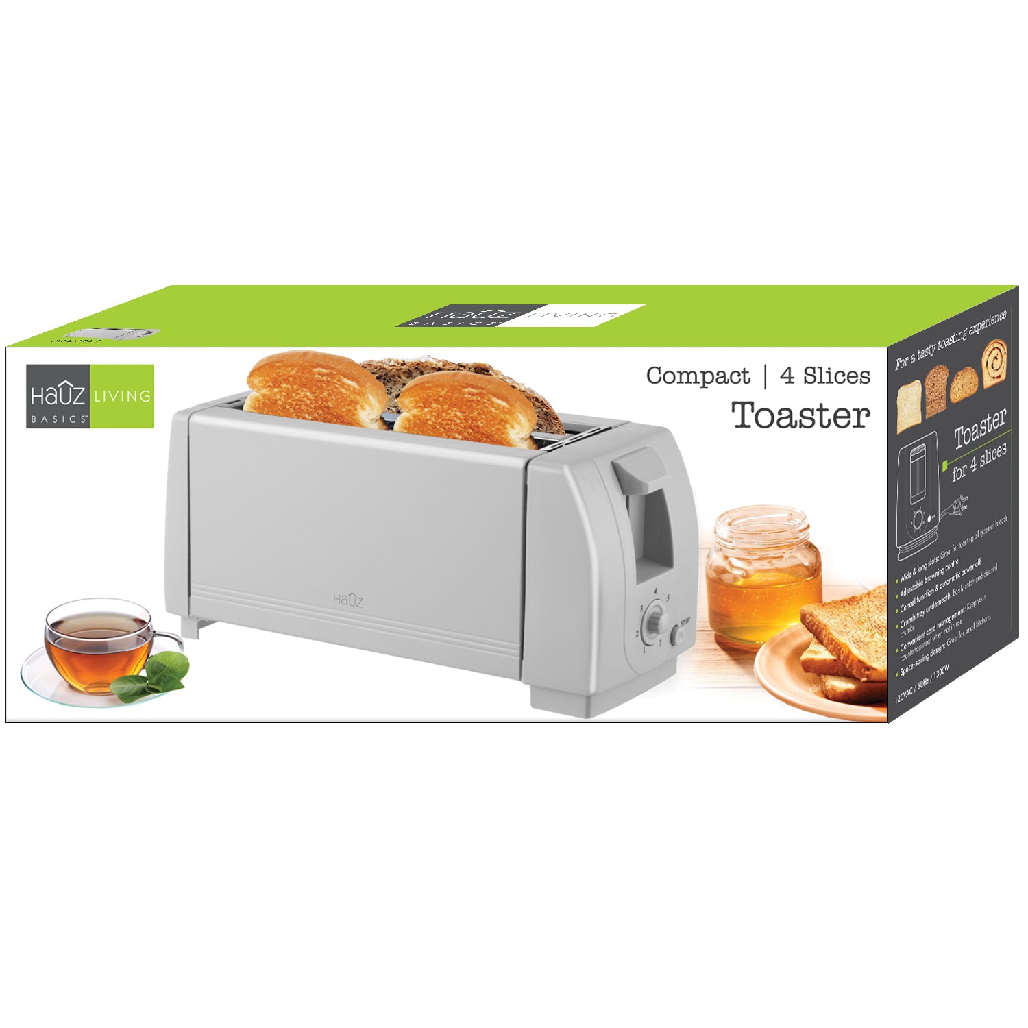 Hauz - Grille-Pain 4 Tranches, 7 Niveaux de Brunissage, Design Compact, Gris - Simple Boutique