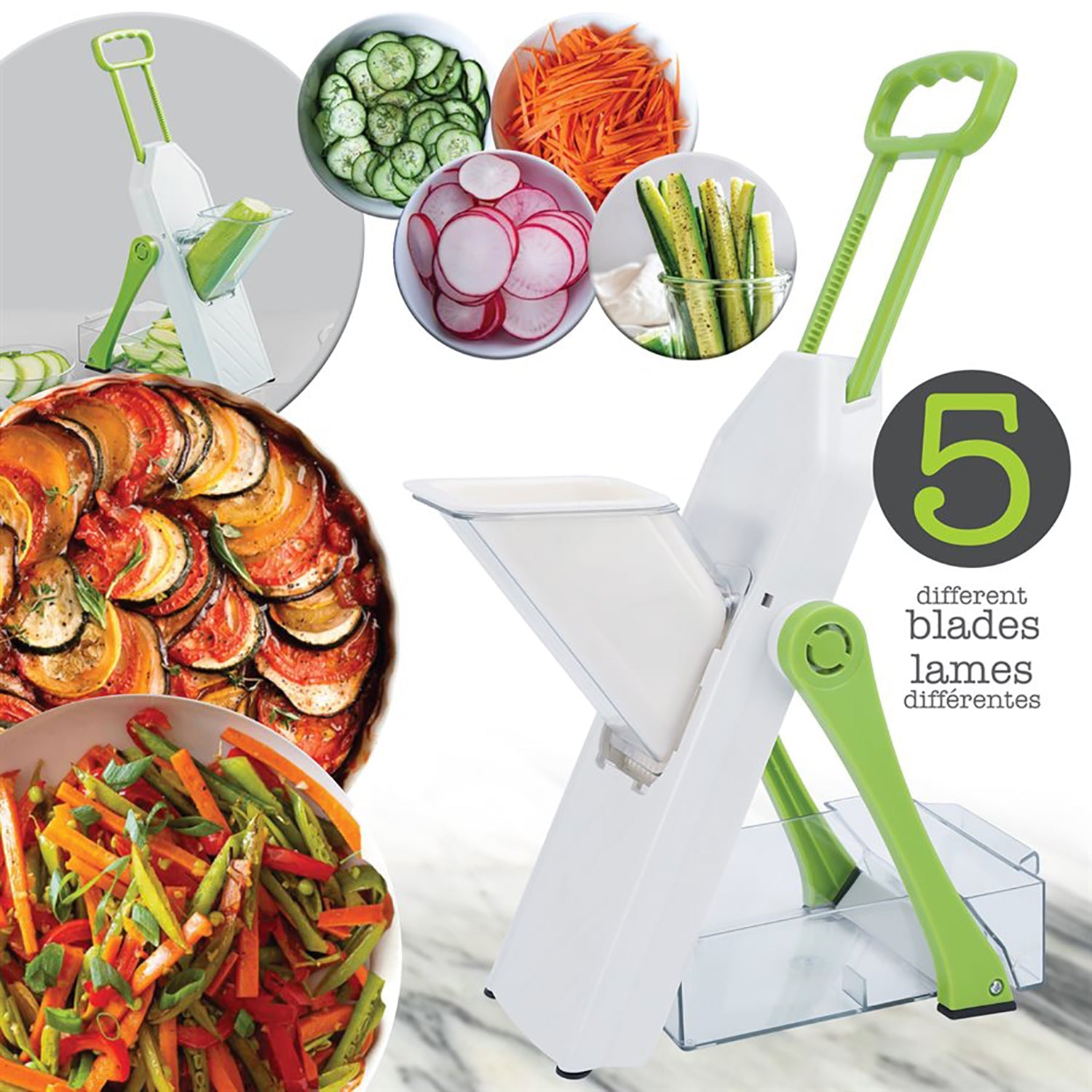 Hauz - Hachoir à Mandoline Réglable Safe-Slice avec 5 Lames Différentes, Sans-BPA, Vert - Simple Boutique
