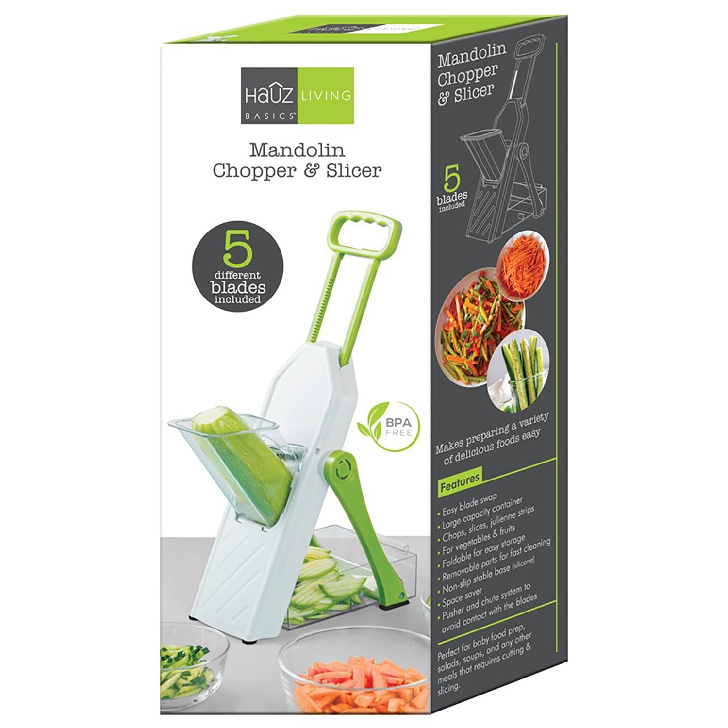 Hauz - Hachoir à Mandoline Réglable Safe-Slice avec 5 Lames Différentes, Sans-BPA, Vert - Simple Boutique