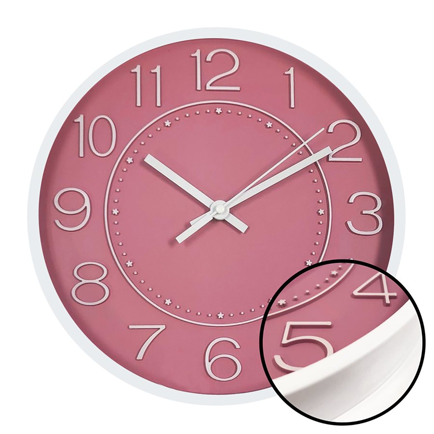 Hauz - Horloge Murale Ronde, Diamètre de 12", Précision Quartz, Rose - Simple Boutique