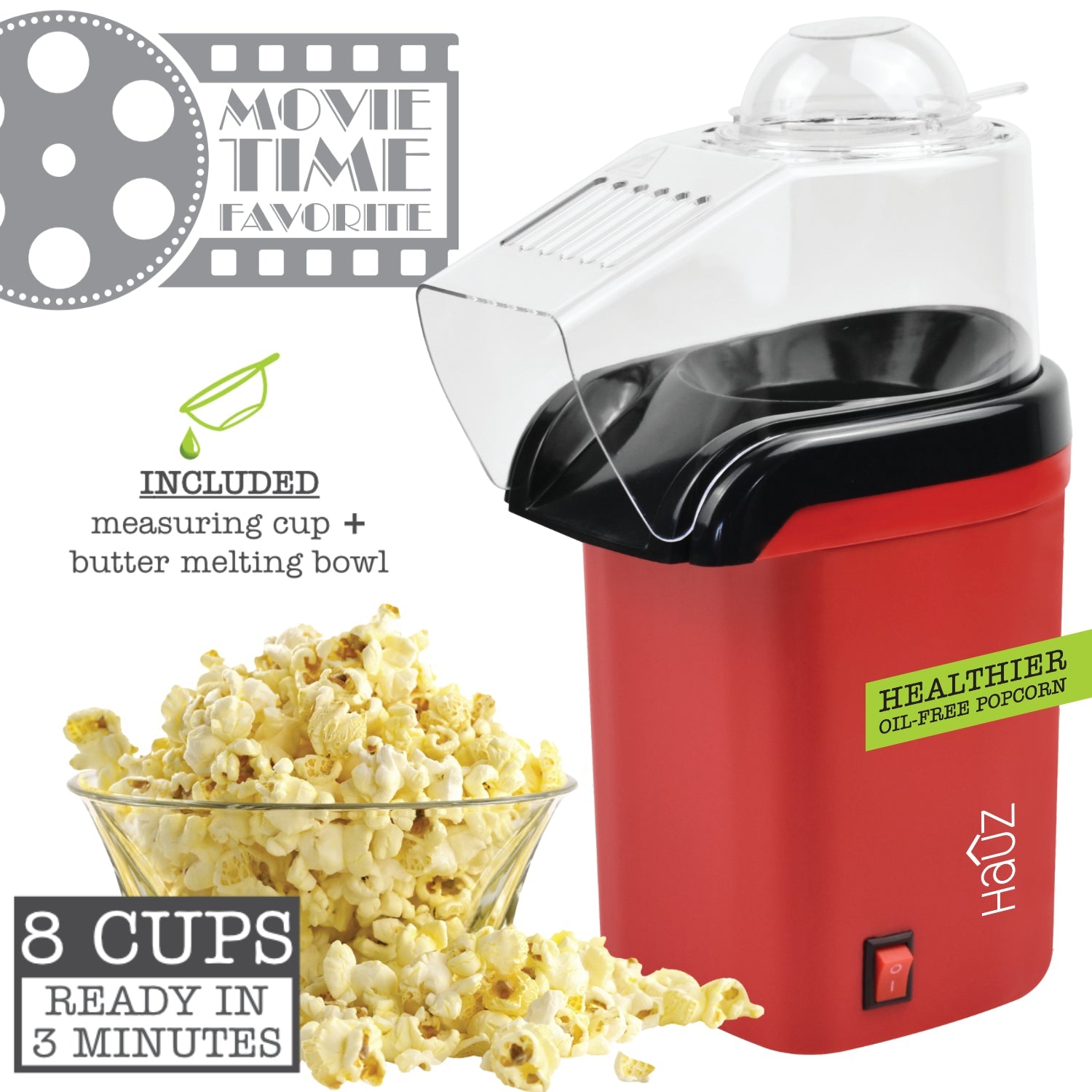 Hauz - Machine à Pop-Corn à Air Chaud, Design Compact, Rouge - Simple Boutique