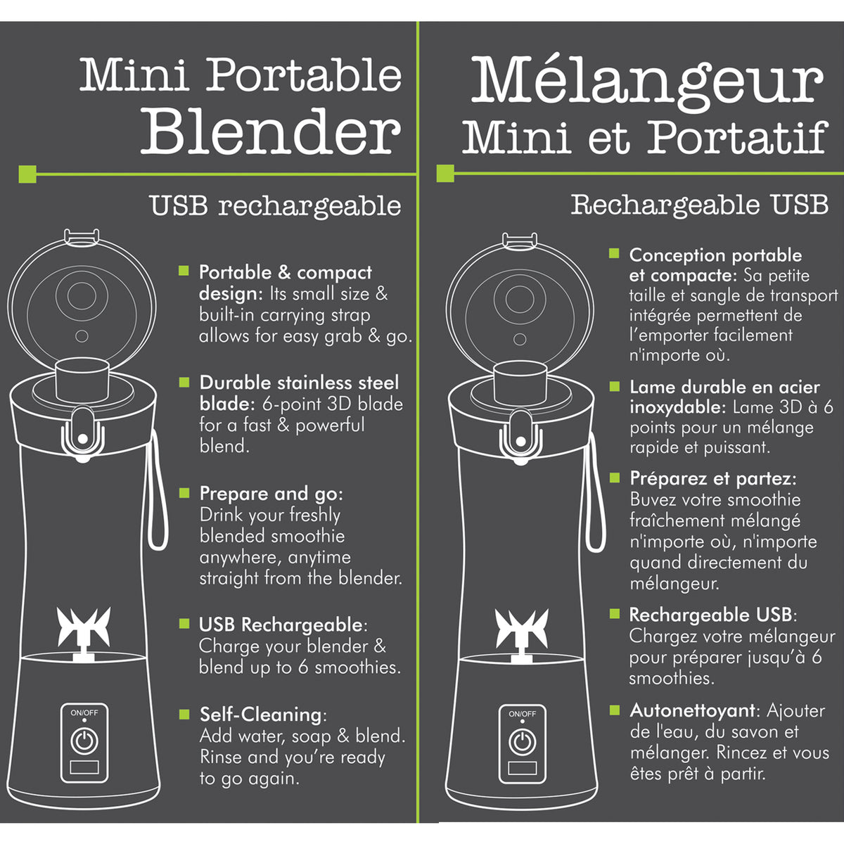 Hauz Mélangeur Portatif Rechargeable USB 380 ml avec Bec Verseur, Blanc - Simple Boutique