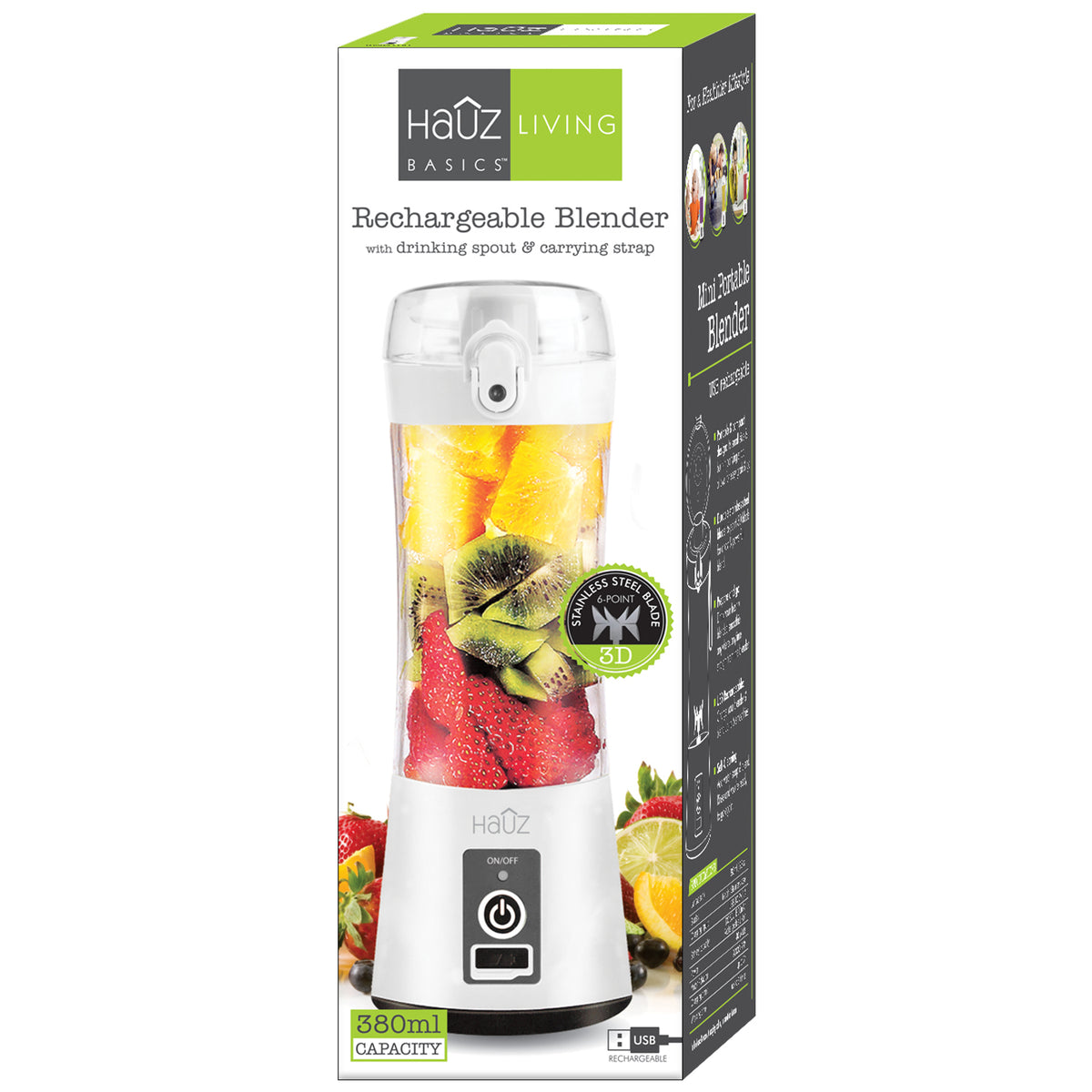 Hauz Mélangeur Portatif Rechargeable USB 380 ml avec Bec Verseur, Blanc - Simple Boutique