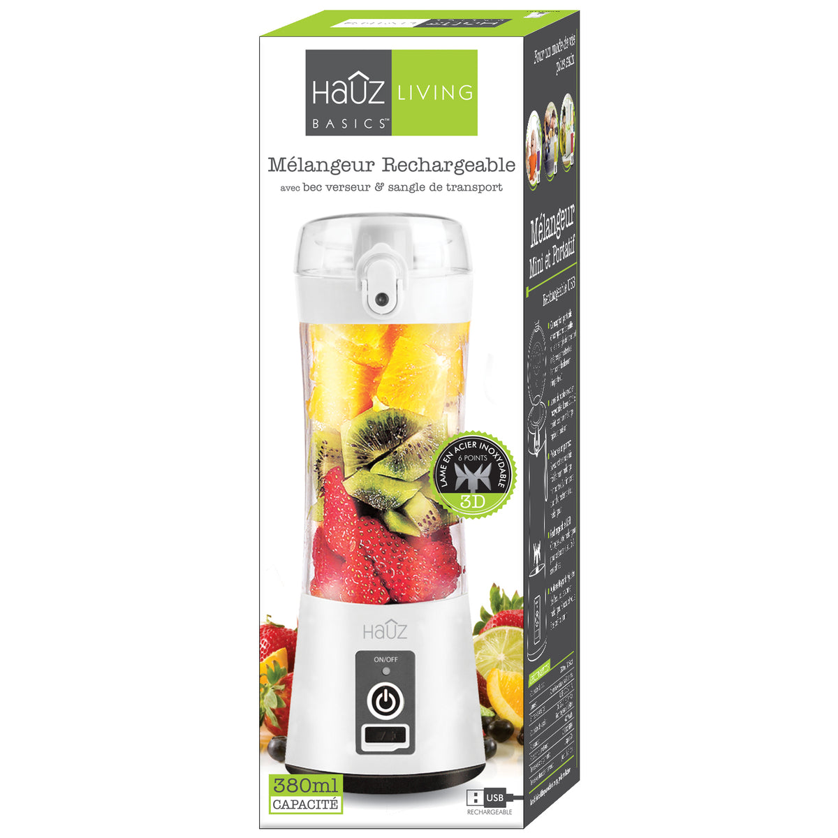 Hauz Mélangeur Portatif Rechargeable USB 380 ml avec Bec Verseur, Blanc - Simple Boutique