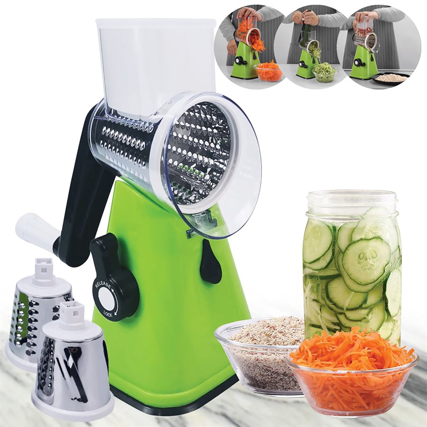 Hauz - Râpe et Éminceur à Tambour Rotatif Multifonctions, 3 Lames en Acier Inoxydable, Sans BPA, Vert - Simple Boutique