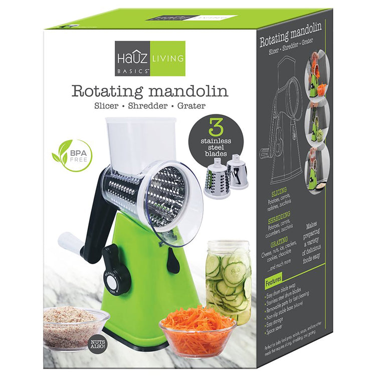 Hauz - Râpe et Éminceur à Tambour Rotatif Multifonctions, 3 Lames en Acier Inoxydable, Sans BPA, Vert - Simple Boutique