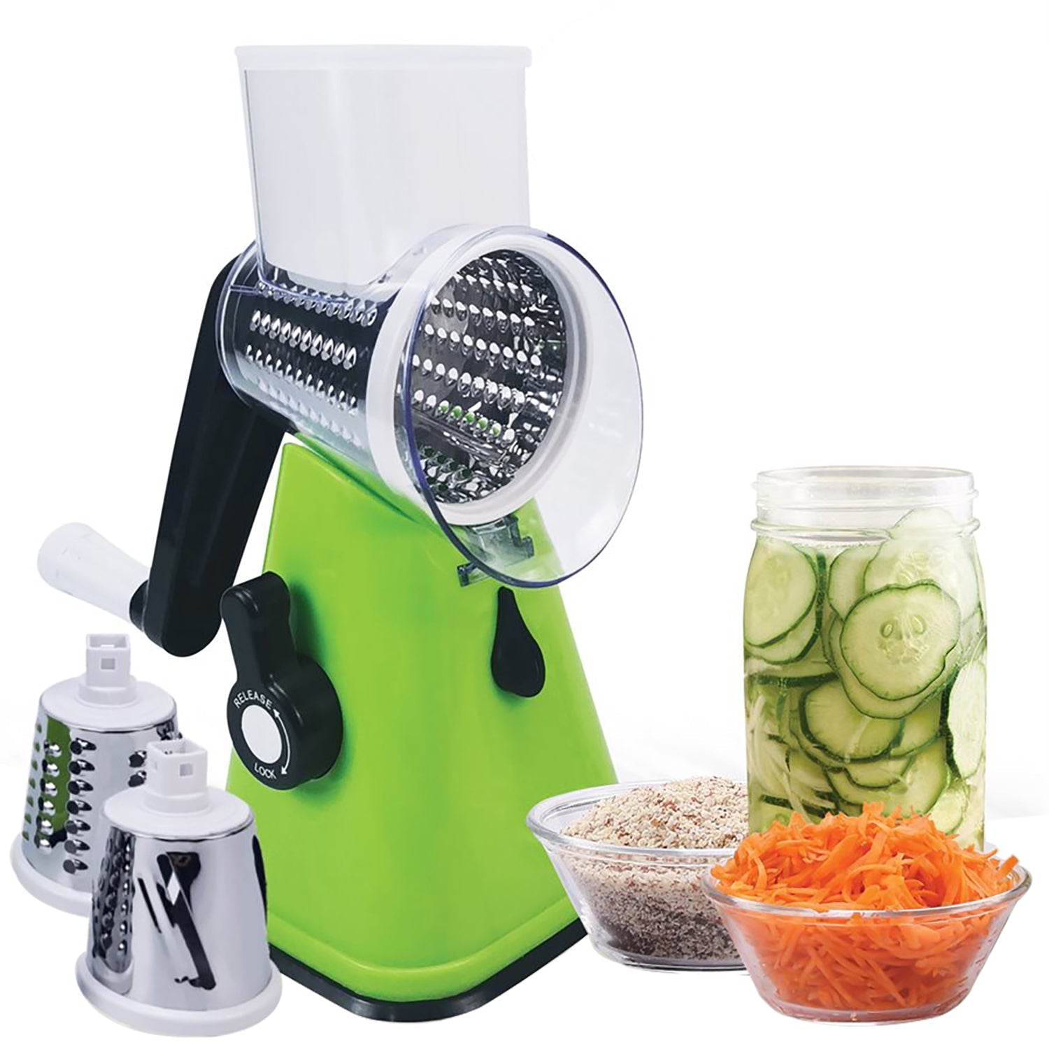 Hauz - Râpe et Éminceur à Tambour Rotatif Multifonctions, 3 Lames en Acier Inoxydable, Sans BPA, Vert - Simple Boutique