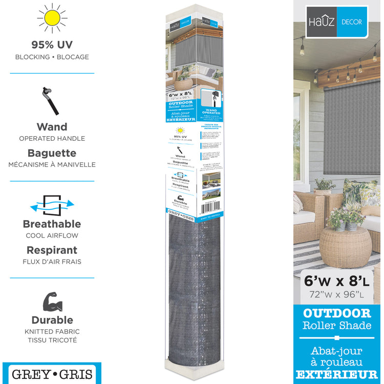 Hauz Store Extérieur à Rouleau 72" X 96", 6 pi x 8 pi, Commande à Baguette, Toile PEHD Bloque 95 % des UV, Gris - Simple Boutique