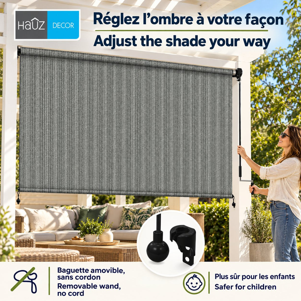 Hauz Store Extérieur à Rouleau 84" X 96", 7 pi x 8 pi, Commande à Baguette, Toile PEHD Bloque 95 % des UV, Gris - Simple Boutique