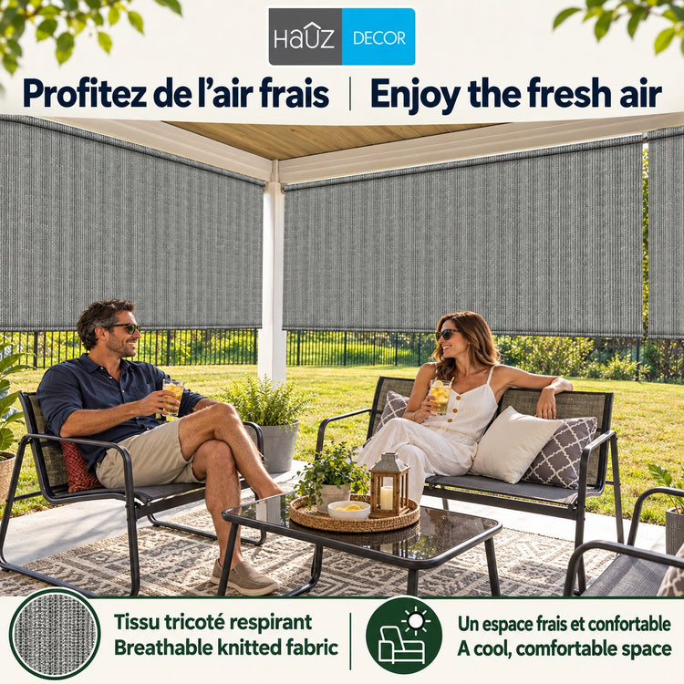 Hauz Store Extérieur à Rouleau 84" X 96", 7 pi x 8 pi, Commande à Baguette, Toile PEHD Bloque 95 % des UV, Gris - Simple Boutique