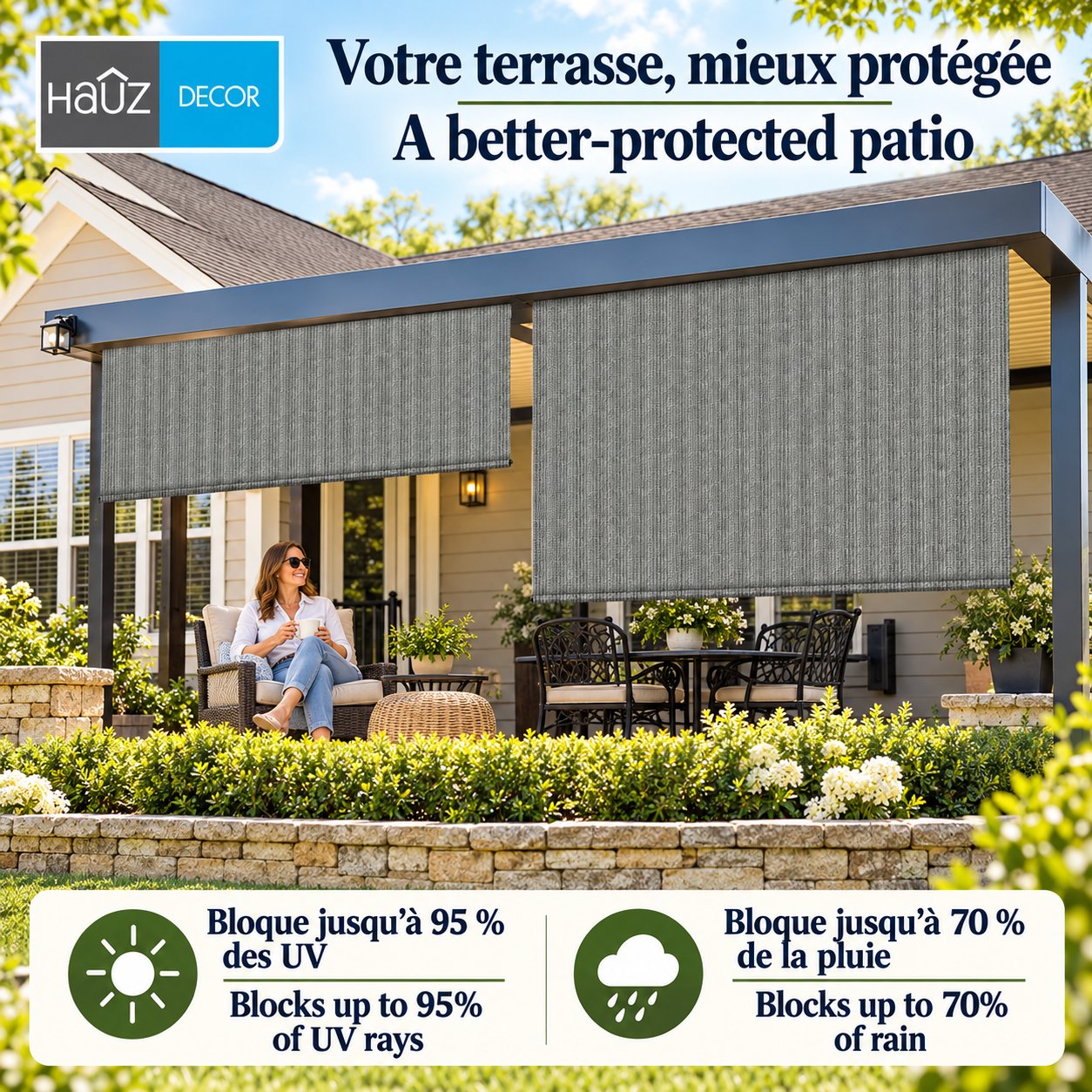 Hauz Store Extérieur à Rouleau 84" X 96", 7 pi x 8 pi, Commande à Baguette, Toile PEHD Bloque 95 % des UV, Gris - Simple Boutique