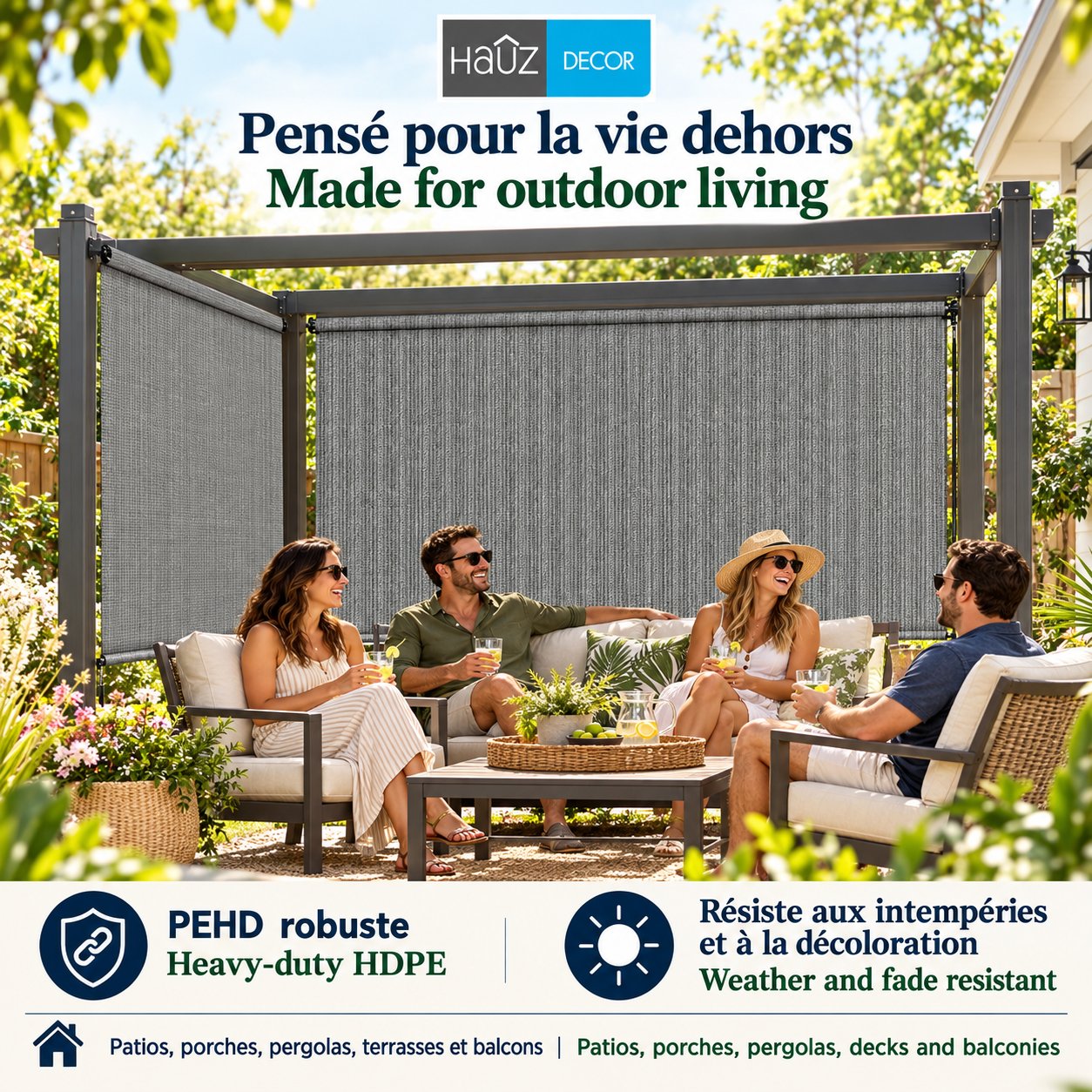 Hauz Store Extérieur à Rouleau 84" X 96", 7 pi x 8 pi, Commande à Baguette, Toile PEHD Bloque 95 % des UV, Gris - Simple Boutique