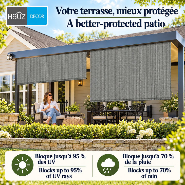 Hauz Store Extérieur à Rouleau 96" X 96", 8 pi x 8 pi, Commande à Baguette, Toile PEHD Bloque 95 % des UV, Gris - Simple Boutique