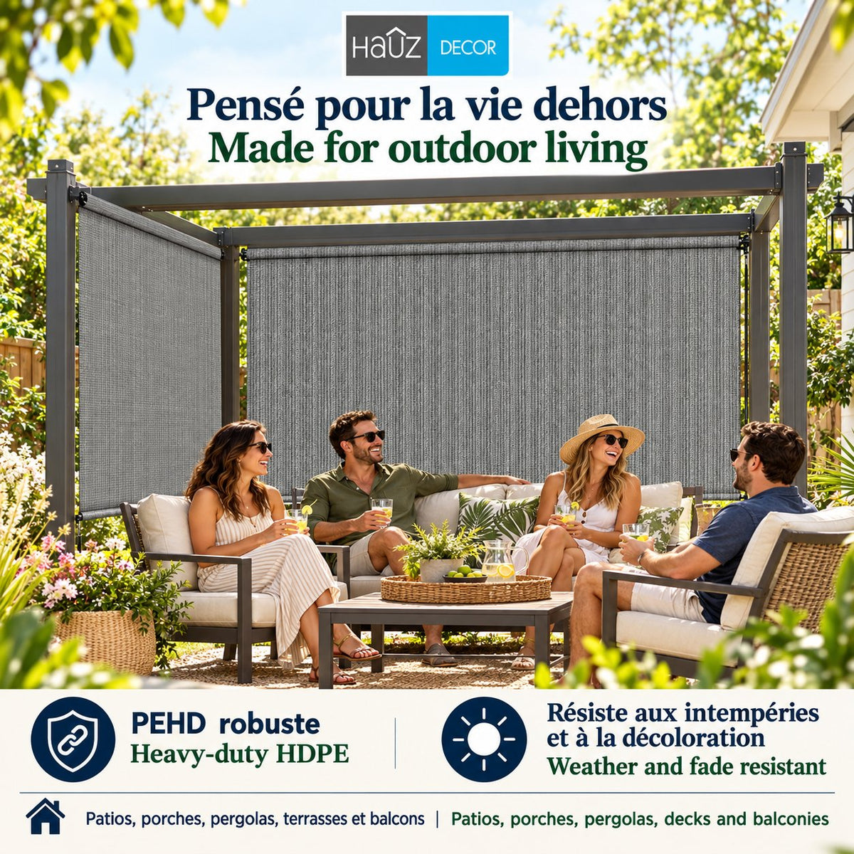 Hauz Store Extérieur à Rouleau 96" X 96", 8 pi x 8 pi, Commande à Baguette, Toile PEHD Bloque 95 % des UV, Gris - Simple Boutique