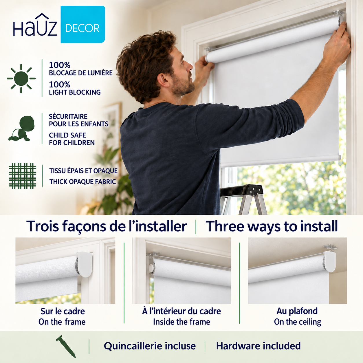 Hauz Toile Occultante à Rouleau 24" X 77" Sans Cordon, 100 % Polyester, Blanc - Simple Boutique