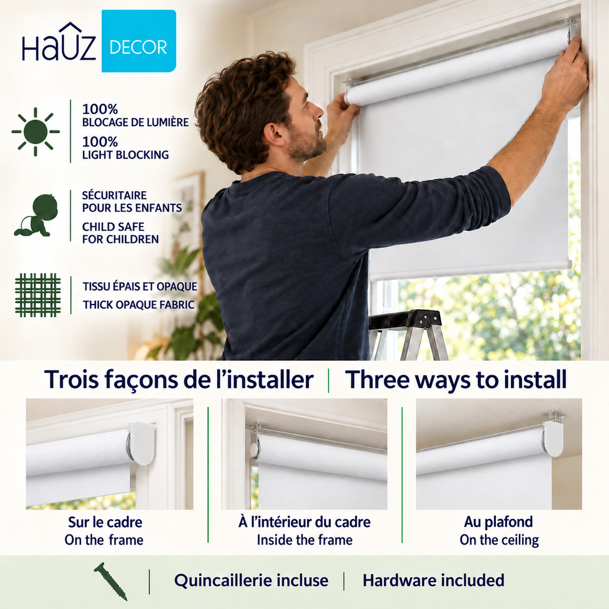 Hauz Toile Occultante à Rouleau 24" X 77" Sans Cordon, 100 % Polyester, Blanc - Simple Boutique