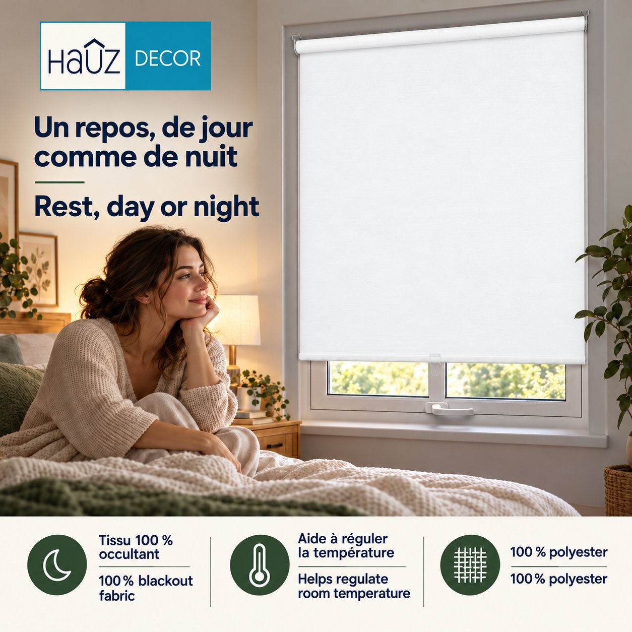 Hauz Toile Occultante à Rouleau 63" X 77" Sans Cordon, 100 % Polyester, Blanc - Simple Boutique