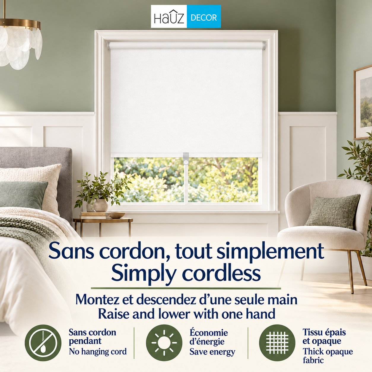 Hauz Toile Occultante à Rouleau 71" X 77" Sans Cordon, 100 % Polyester, Blanc - Simple Boutique