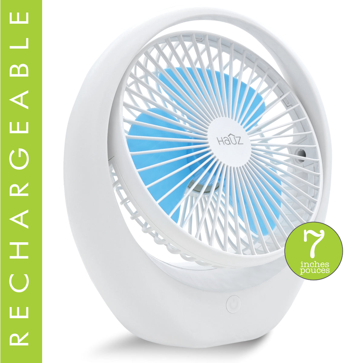 Hauz Ventilateur de Table Rechargeable USB 7 po, 3 Vitesses, Blanc - Simple Boutique