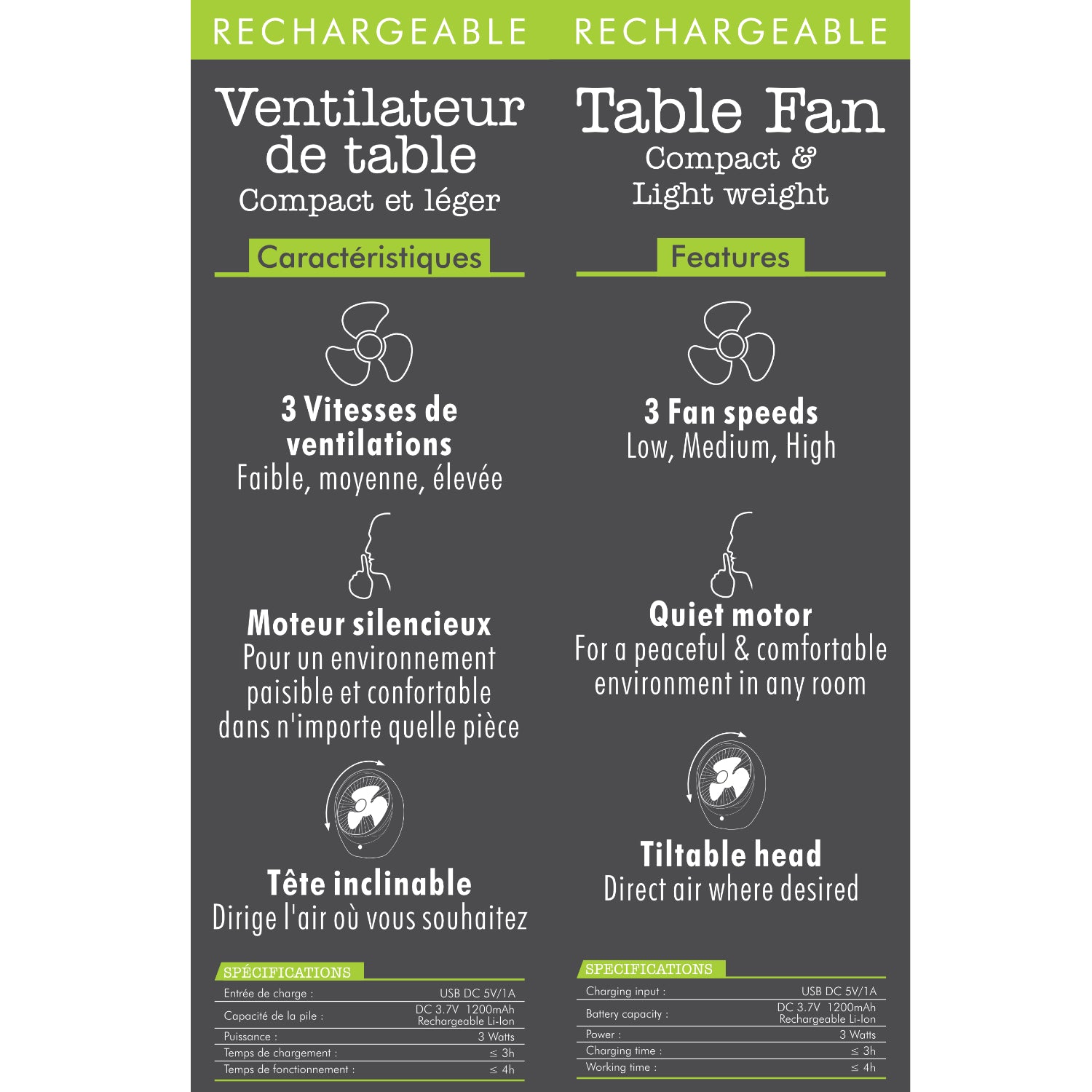 Hauz Ventilateur de Table Rechargeable USB 7 po, 3 Vitesses, Blanc - Simple Boutique